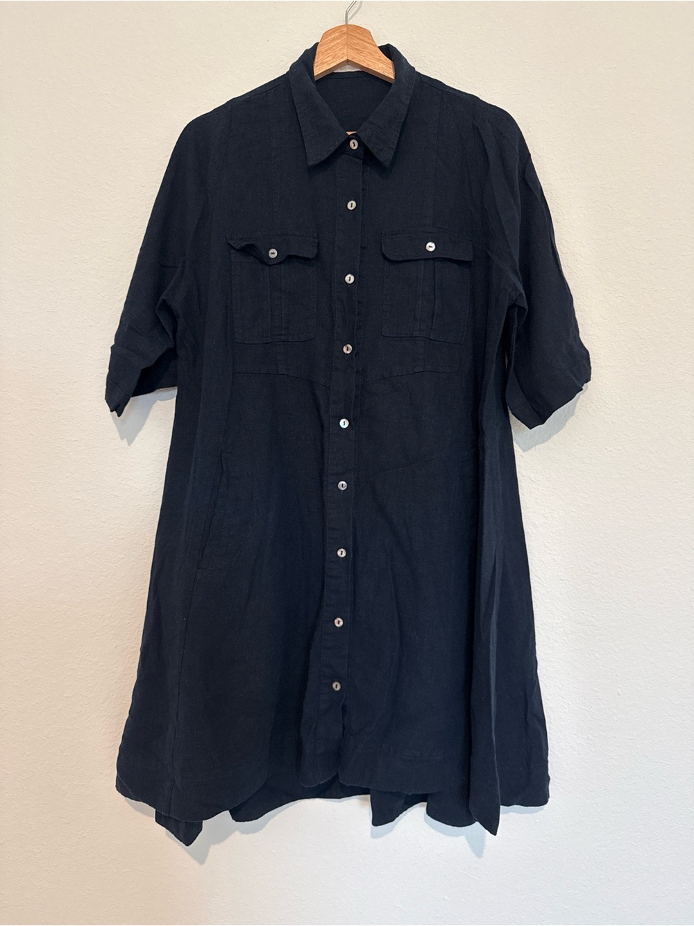 4OurDreamer Casual Black Button-Down Shirt Dress with Chest Pockets